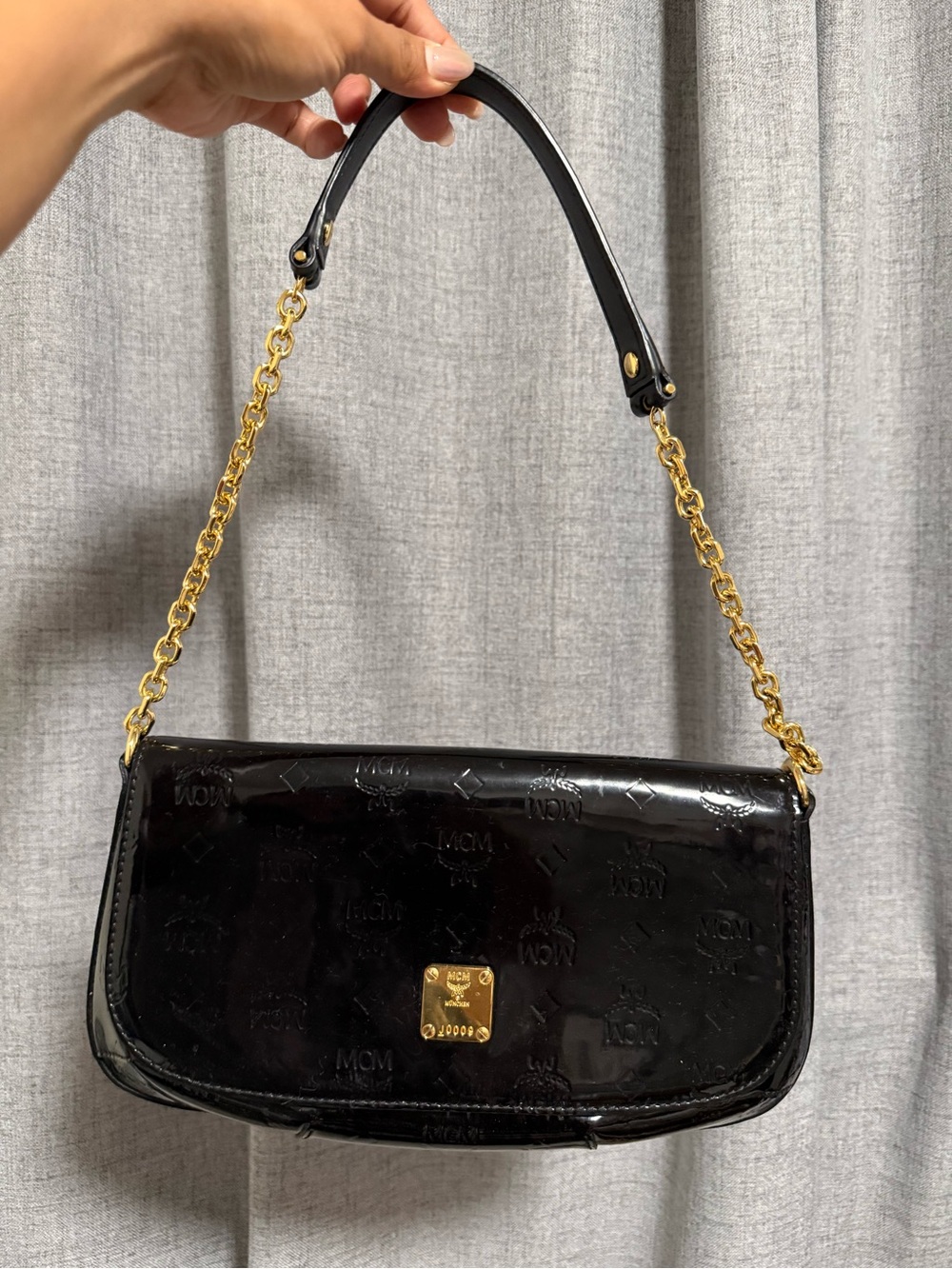 MCM Black Patent Shoulder Bag with Gold Hardware